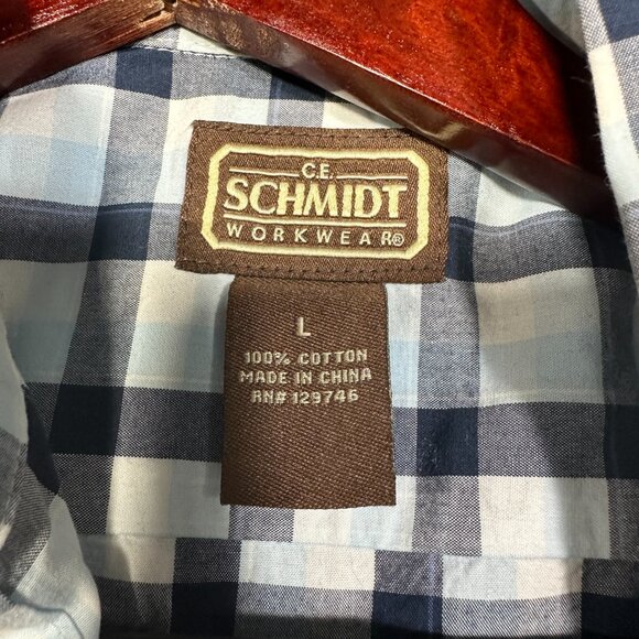 CE Schmidt Workwear Shirt Mens Large Button Down Blue Plaid Cotton Pocket - Picture 6 of 9